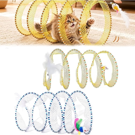 Foldable S-Shaped Cat Tunnel with Memory Steel Wire, Collapsible Kitten Play Tube with Interactive Feather Bell Toys, Breathable Mesh Cat Tunnel for Indoor Outdoor Pets