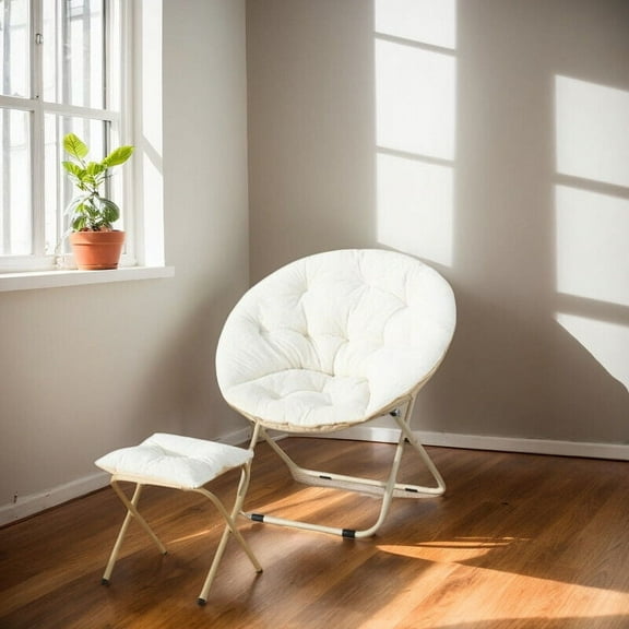 Foldable Saucer Chair Soft Lounge, Portable Moon Chair for Bedroom, Dorm, Apartments, Lounging, Garden and Courtyard, White