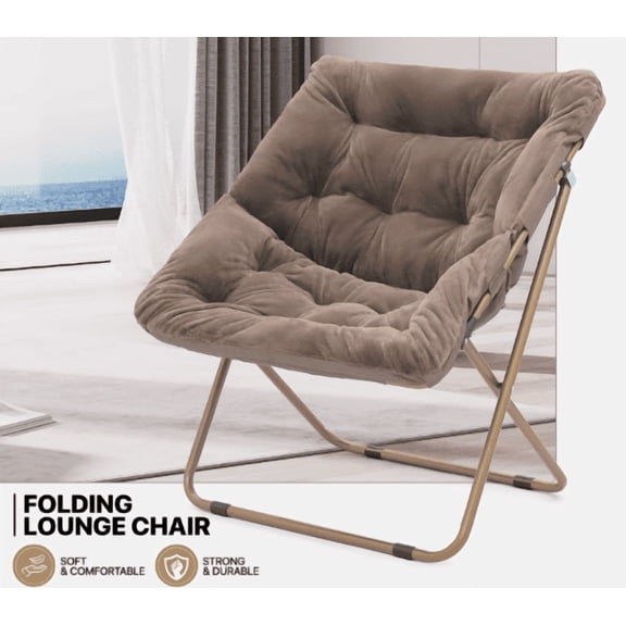 Foldable Saucer Cozy Lounge Chair Living Room Oversized Soft Comfy Faux Fur Seat- Brown