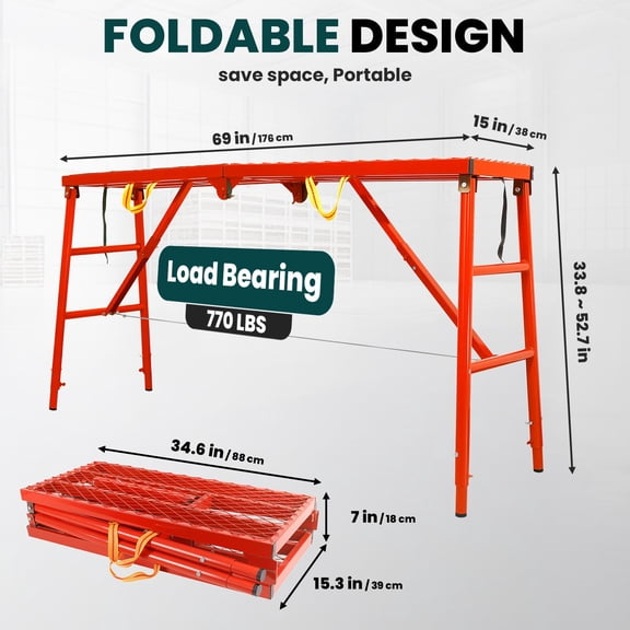 Foldable Scaffolding Work Bench, Lightweight Red Adjustable Platform, Portable Anti-Slip Step Ladder, for On-the-Go Repairs, Event Setup, Exterior Cleaning