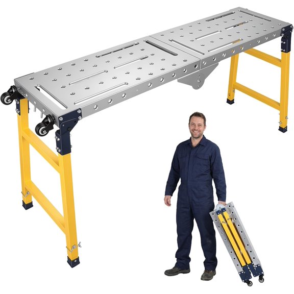 Foldable Scaffolding Work Platform, Height Adjustable Work Bench with Wheels & Handle, 1100 lbs Capacity Galvanized Tabletop, Portable Workbench for Garage Warehouse, 47 x 14 inch