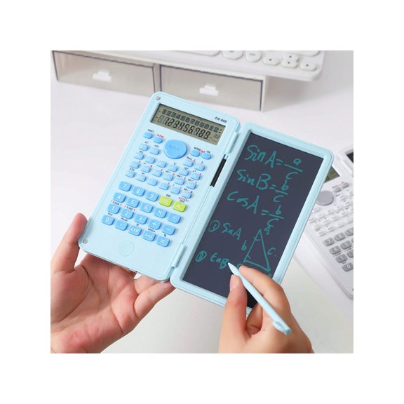 Foldable Scientific Calculator with Built-In Writing Board Portable Storage, Math Computation, Engineering, Exam Formula Recording Tool Blue