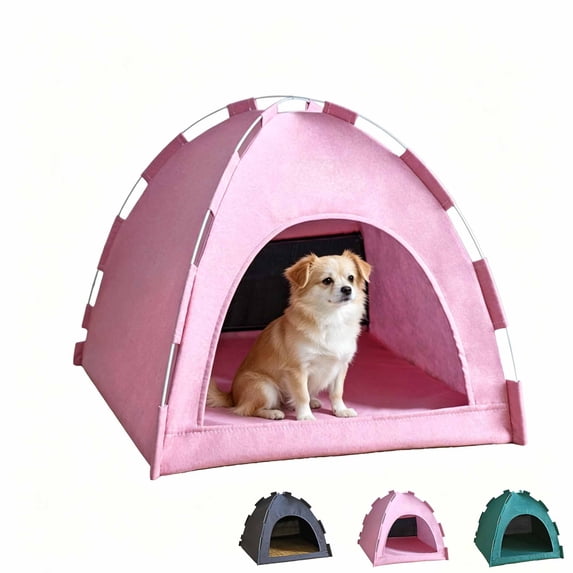 Foldable All Season Dog Bed, Breathable Portable Pet Tent with Reversible Cooling Mat, Linen Anti Anxiety Cat Bed Nest, Indoor Outdoor Sleeping House for Small Medium Dogs & Indoor Cats