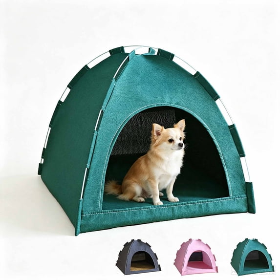 Foldable All Season Dog Bed, Breathable Portable Pet Tent with Reversible Cooling Mat, Linen Anti Anxiety Cat Bed Nest, Indoor Outdoor Sleeping House for Small Medium Dogs & Indoor Cats