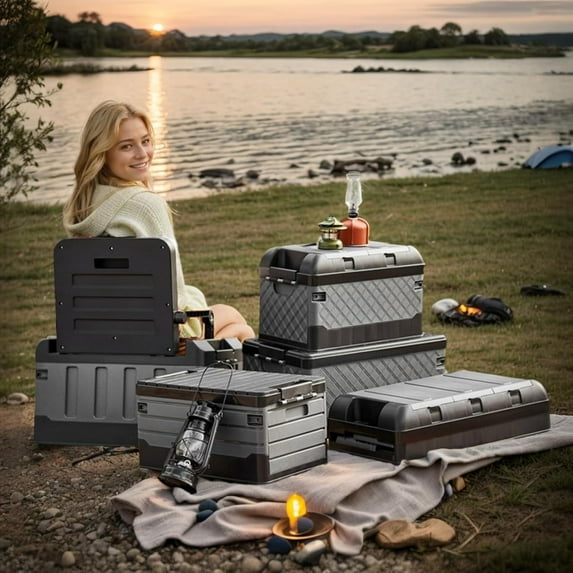 Foldable Seatable Car Organizer Storage Box 60L Plastic with Lid for Camping, Travel & Home