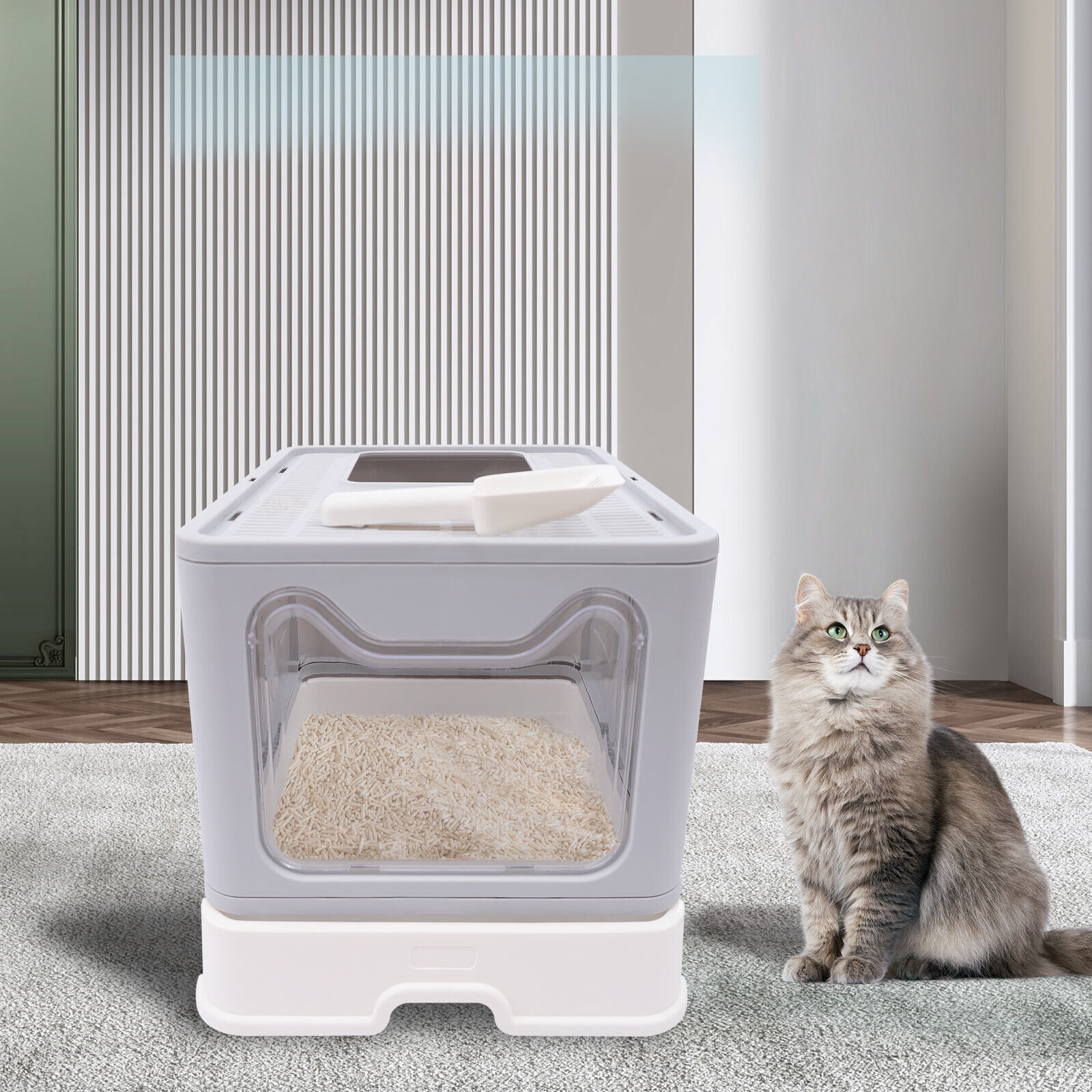 Foldable Semi-Enclosed Cat Litter Box with Clear Door & Litter Scoop ...