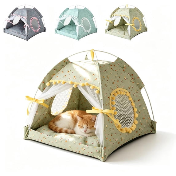 Foldable Semi Enclosed Cat Tent Bed, Breathable Mosquito Proof Polyester Summer Kitty House 14x14in, Portable Indoor Outdoor Hideaway Nest For Small Cats Puppies, 3 Floral Colors,Pet Holiday Gift
