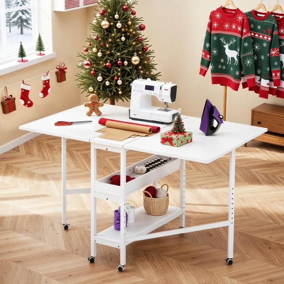 Foldable Sewing Cutting Workstation - Fixed Height Mobile Craft Table with Storage Shelves for Craft Room & Home Office
