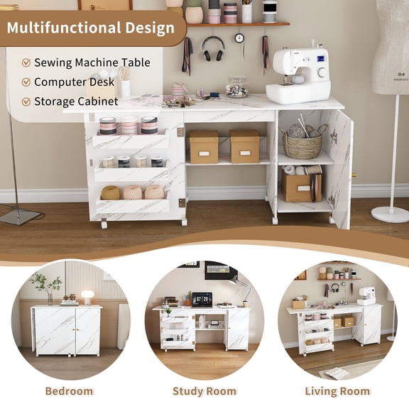 Foldable Sewing Machine Table with Locking Casters, Multi-Storage Craft Station with Shelves, Bins & Cabinet, Adjustable Sewing Cabinet for Home, Bedroom, and Craft Room (White) - 57.5 MDF Desk