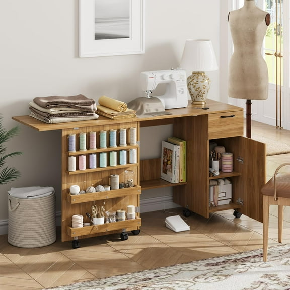 Foldable Sewing Machine Table with Storage - Shelves, Bins & Single Door Cabinet - Multipurpose Craft Station for Home & Bedroom