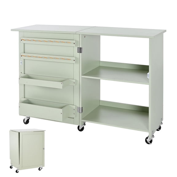 Foldable Sewing Machine Table with Wheels & Storage, Compact Craft Work Station Side Table, magnetism Latch, Light Green