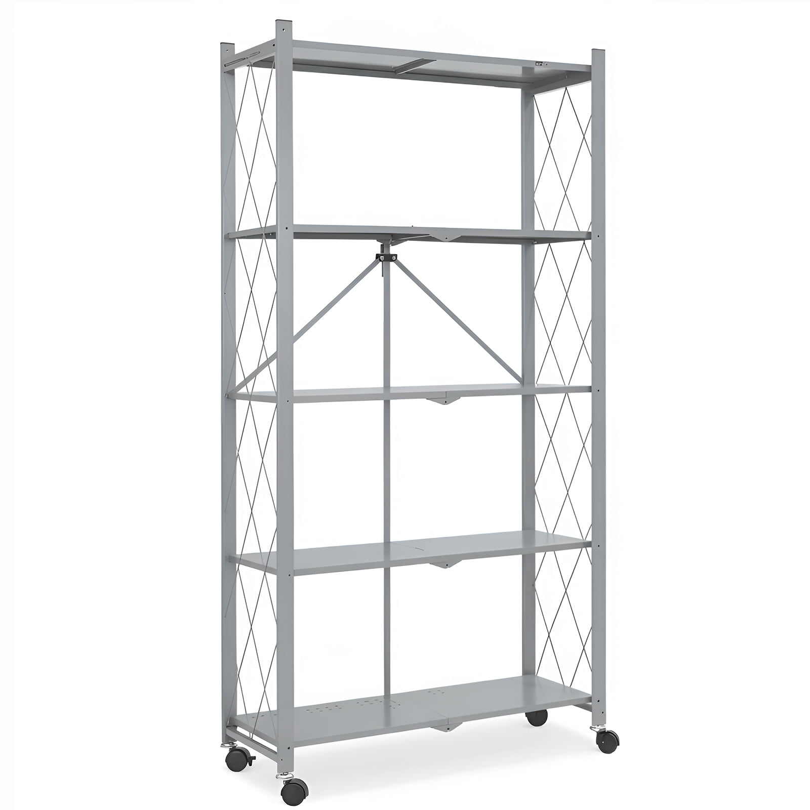 Foldable Shelves with Wheels, 5-Shelf Folding Metal Rack Organizer for Kitchen Garage Basement, Large Capacity Rolling Storage Shelf, Easy Fold & Roll, Gray