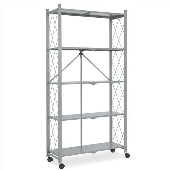 Foldable Shelves with Wheels, 5-Shelf Folding Metal Rack Organizer for Kitchen Garage Basement, Large Capacity Rolling Storage Shelf, Easy Fold & Roll, Gray