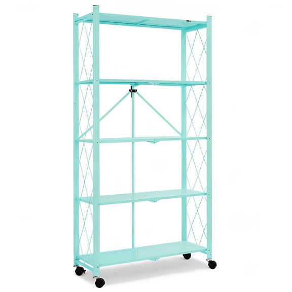 Foldable Shelves with Wheels, 5-Shelf Folding Metal Rack Organizer for Kitchen Garage Basement, Large Capacity Rolling Storage Shelf, Easy Fold & Roll, Green