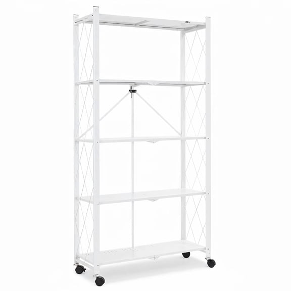 Foldable Shelves with Wheels, 5-Shelf Folding Metal Rack Organizer for Kitchen Garage Basement, Large Capacity Rolling Storage Shelf, Easy Fold & Roll, White