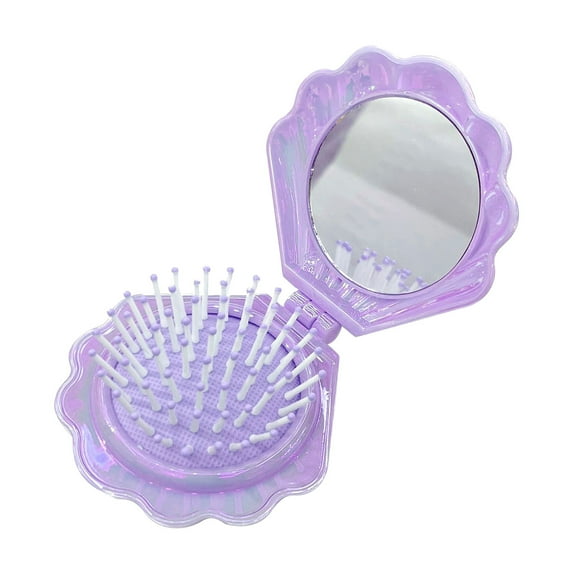 Foldable Shinning Travel Hair Brushes with Mirror, Shell Shape Pocket Brush Foldable Comb, Portable Folding Pocket Hair Brush Mini Hair Comb, Mini Makeup Mirror Brushes (B)
