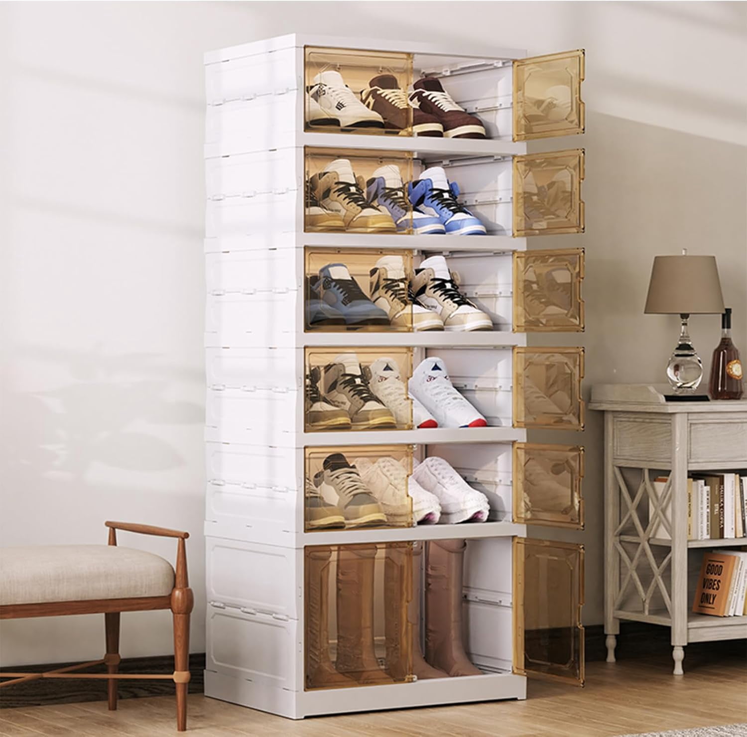 Stackable Pulleys Foldable Shoe Cabinet Shelf with Pulleys Portable Shoe Rack Organizer ...