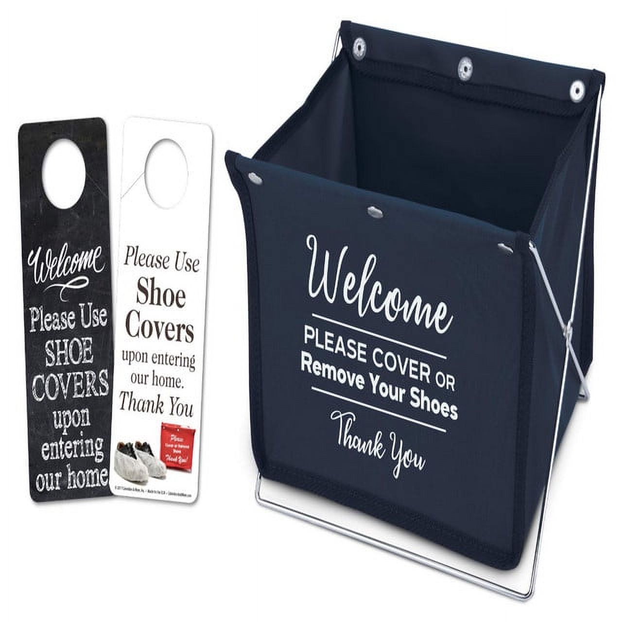 Foldable Shoe Cover Holder (Blue) with Bonus Please Use Shoe Covers, Double Sided, Door Hanger