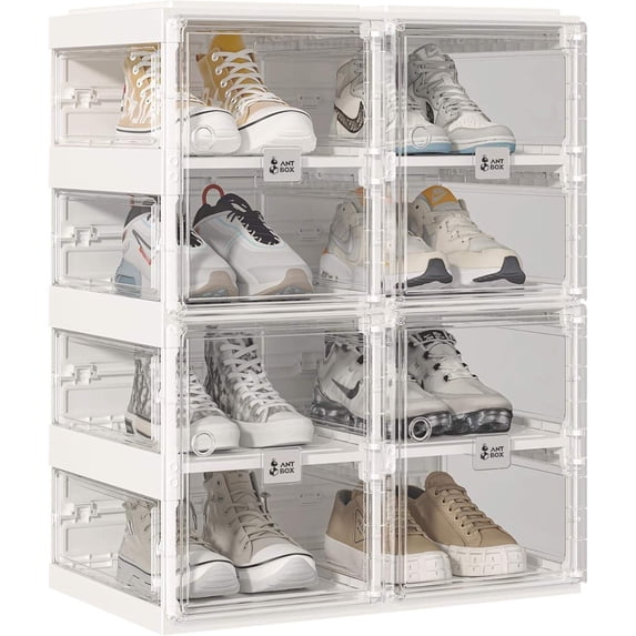 Foldable Shoe Rack, 4-Tier Stackable Shoe Organizer with Magnetic Clear Doors, Space-Saving Closet Storage for Entryway