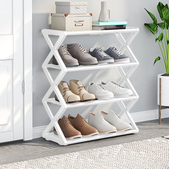 Foldable Shoe Rack,Adjustable 4 Tier Collapsible Shoe Storage,X Shape Metal Standing Shoe Shelf Organizer with Dust-Proof Design,tackable Shoe Rack for Closet, Hallway, Bedroom,Dormitory