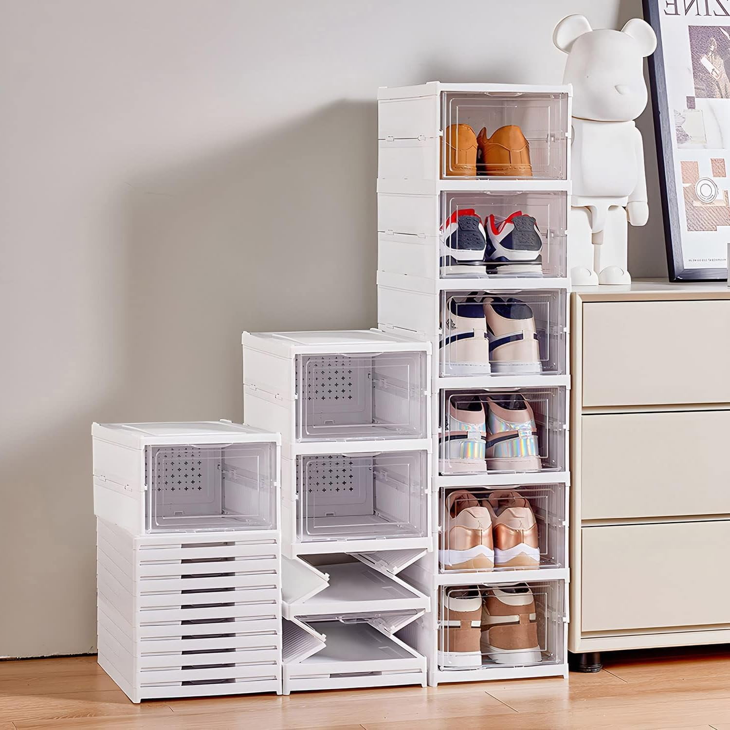 Foldable Shoe Rack, No Assembly Box Covered Shoe Storage with Doors ...