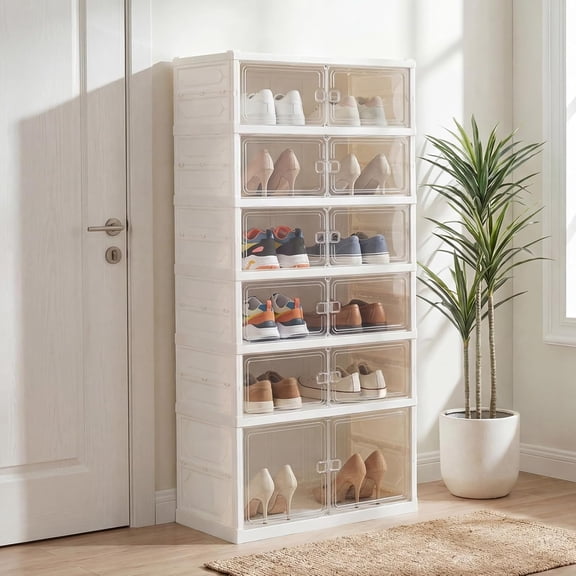 Foldable Shoe Rack Organizer, 6-Tier 12 Pairs Collapsible Shoe Cabinet with Magnetic Clear Doors, Portable Shoe Storage Box, Stackable Shoe Shelf for Closet, Entryway, Easy Assembly