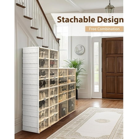 Foldable Shoe Rack Organizer for Closet Plastic Collapsible Shoe Shelf for front door entrance Stackable Clear Folding Shoes Storage Boxes Tall Shoe Cabinet with Lids 5 Tiers 20 Paris.
