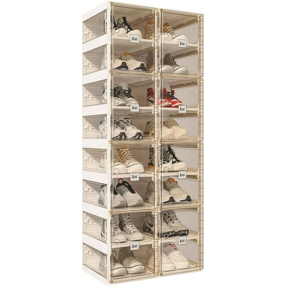 Foldable Shoe Rack,Shoe Organizers for Closet Plastic Shoe Storage Box for Entryway,Living Room,Large Sturdy Stackable Sneaker Cabinet Bins with Magnetic Clear Door 8 Tiers 16 Pairs