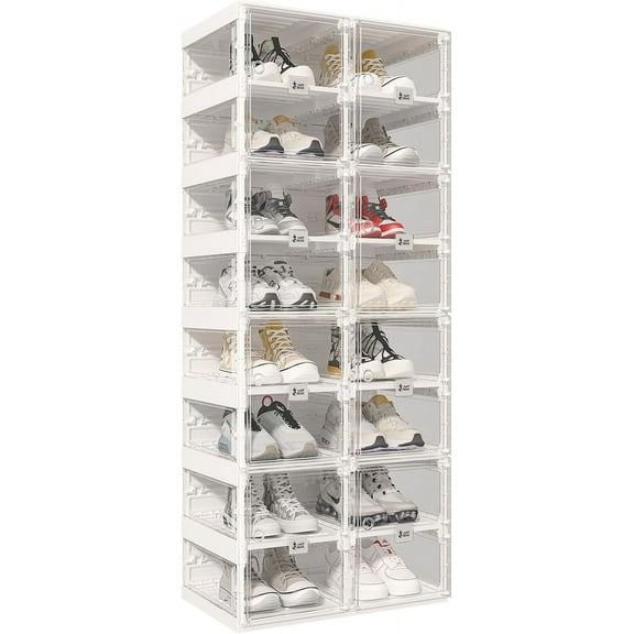 Foldable Shoe Rack,Shoe Organizers for Closet Plastic Shoe Storage Box Space Saving For Entryway, Large Sturdy Stackable Sneaker Cabinet Bins With Magnetic Clear Door 8 Tiers 16 Pairs