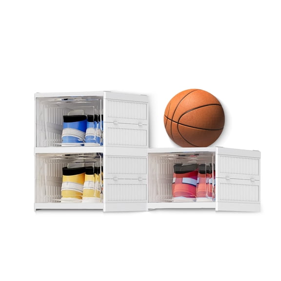 Syenll Foldable Shoe Storage Box, 3 Tiers Stackable Shoe Rack Bins with Clear Door, Plastic Shoe Shelf for Closet Entryway, White