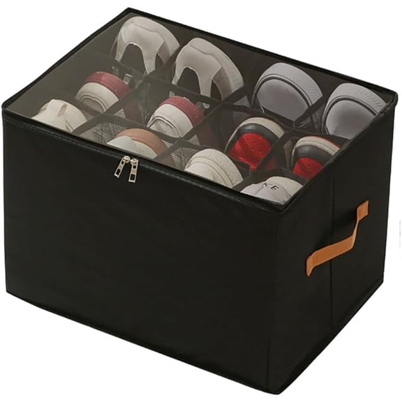 Foldable Shoe Storage Organizer with Clear Cover, Collapsible 12-Compartment Shoe Box for Closet, Space Saving Shoe Rack for Sneakers Boots, Under Bed Storage Bin