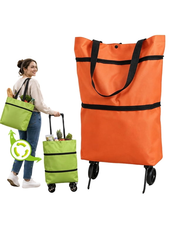 Foldable Shopping Bag with Wheels, 2-in-1 Rolling Tote, Waterproof Oxford Grocery Bag for Shopping & Travel