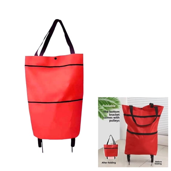 Foldable Shopping Bag with Wheels, Heavy Duty Oxford Cloth Trolley Cart, Portable Collapsible Grocery Bag for Seniors, Supermarket & Travel, Red