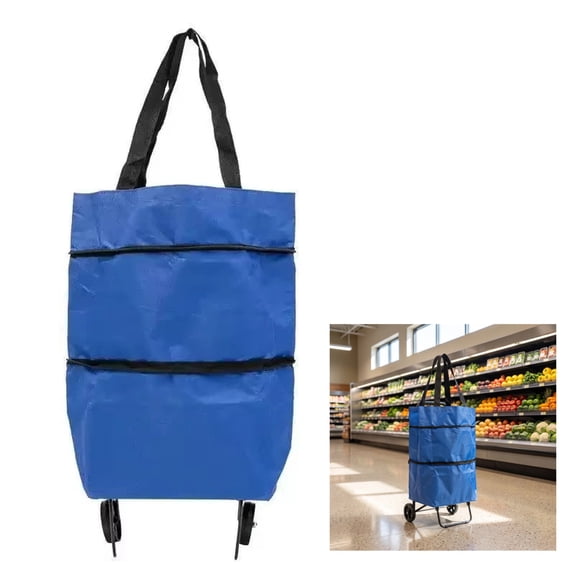 Foldable Shopping Bag with Wheels, Oxford Cloth Rolling Grocery Trolley, Lightweight Portable Pull Cart for Seniors Supermarket Market Travel