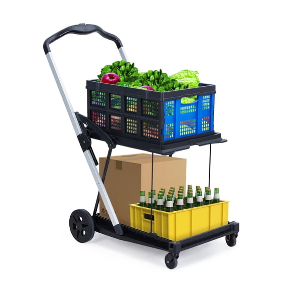 Foldable Shopping Cart with 1 Storage Crates - 2-Tier Collapsible Utility Cart with 360° Rolling Swivel Wheels, Utility Carts Adjustable Portable Trolley for Picnic, Supermarket