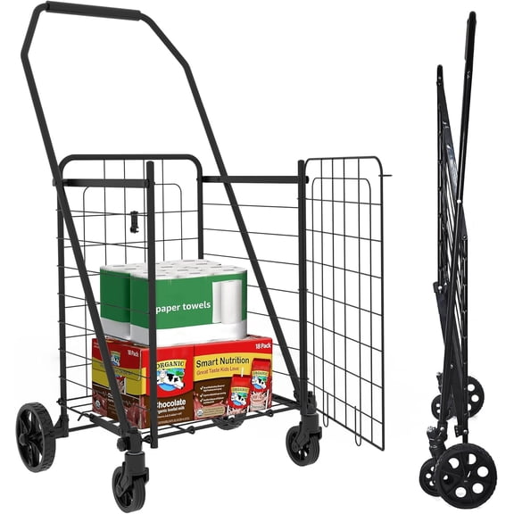 Foldable Shopping Cart with Door: Heavy Duty Grocery Utility Cart - 360 Swivel Wheels & Double Basket for Laundry & Camping - Lightweight Collapsible Design for Seniors & Mobility Needs
