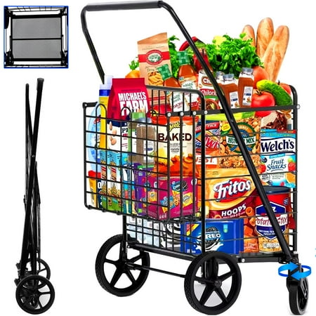 Foldable Shopping Cart, Folding Grocery Cart with Encrypted Mesh Bottom, 360° Swivel Wheels Lightweight Trolley for Halloween, Shopping, Grocery, Laundry, Luggage, Supermarket, Camping, Beach