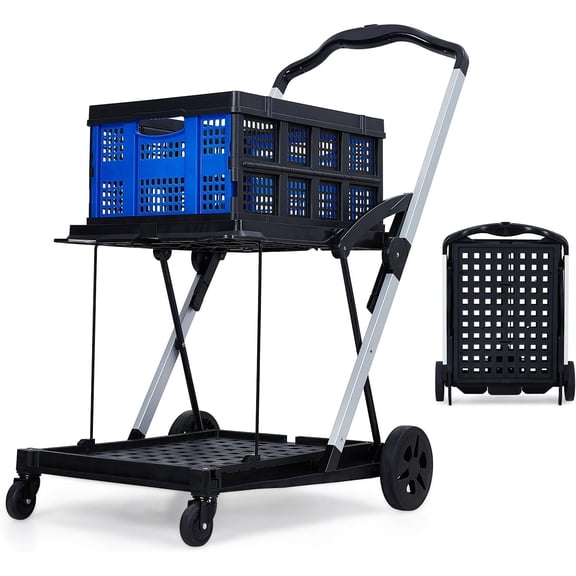 Foldable Shopping Cart for Groceries, 2-Tier Collapsible Utility Carts with Wheels & Removable Storage Crate, Aluminium & PP, Portable for Supermarket & Home Use, Blue