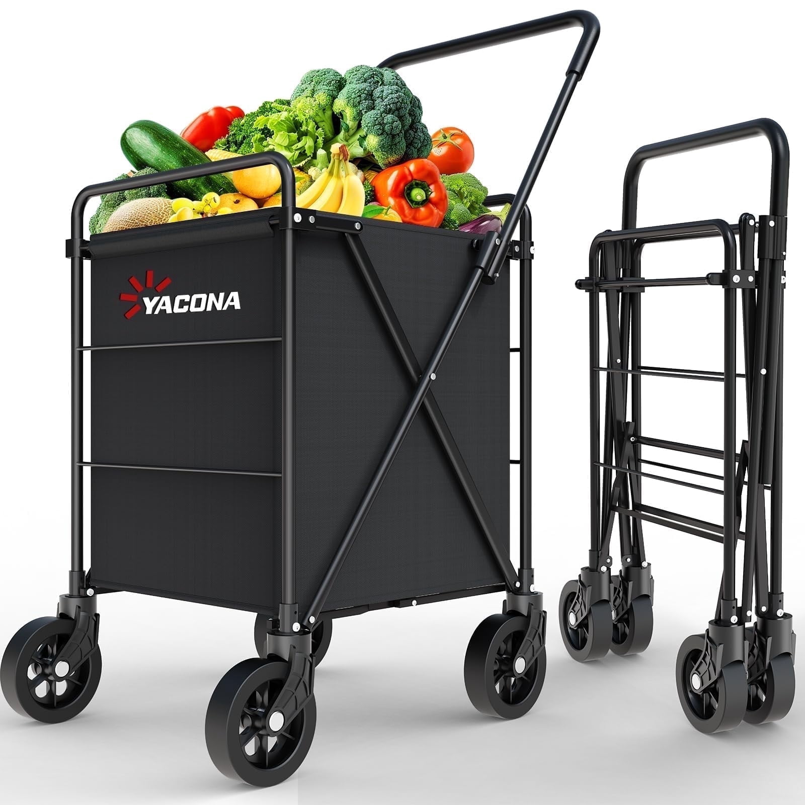 Folding Shopping Cart, Heavy Duty Metal Grocery Cart with 360 Rotation Wheels, 600D Oxford Fabric, for Shopping, Grocery, Laundry, Black