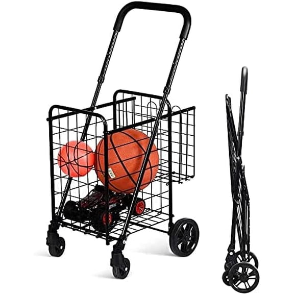 Foldable Shopping Cart, Grocery Cart on Wheels with Double Basket, Swivel Wheels and Adjustable Handle, Utility Cart or Grocery Laundry Luggage Travel