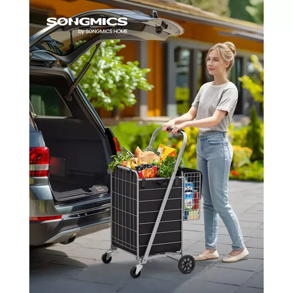 Foldable Shopping Cart, Heavy Duty Grocery Cart, Utility Cart, 360° Swivelford Fabric Bag Removable Basket