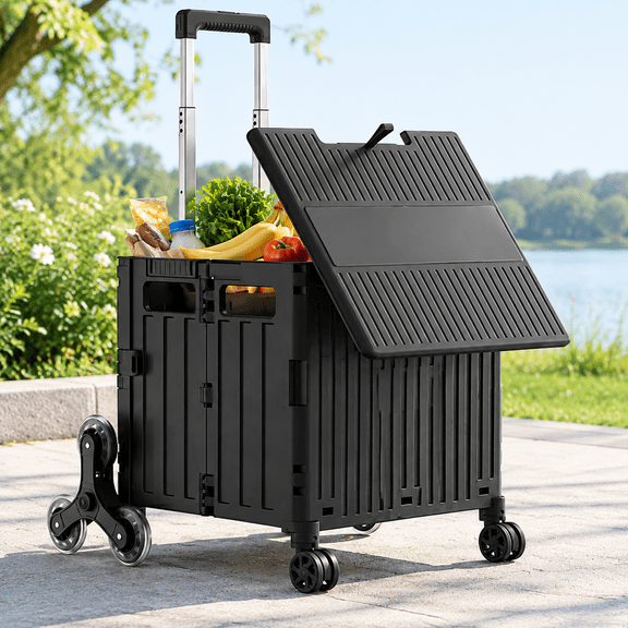 Foldable Shopping Cart with Stair Climbing Wheels, Collapsible Utility Crate on Wheels with Telescoping Handle, Portable Rolling Grocery Trolley for Groceries, Books, Tools