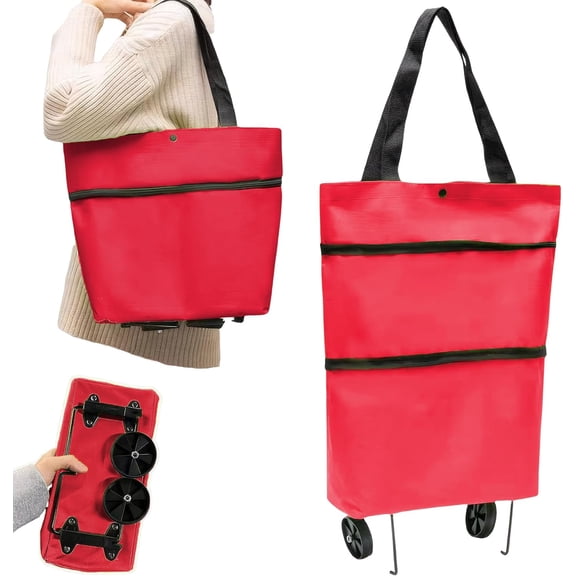 Foldable Shopping Cart with Wheels:Portable Shopping Bag with Wheels,Grocery Cart on Wheels Foldable,Collapsible Shopping Cart Bag for Storaging Vegetable Fruit,Reusable Rolling Grocery Bag (Red)