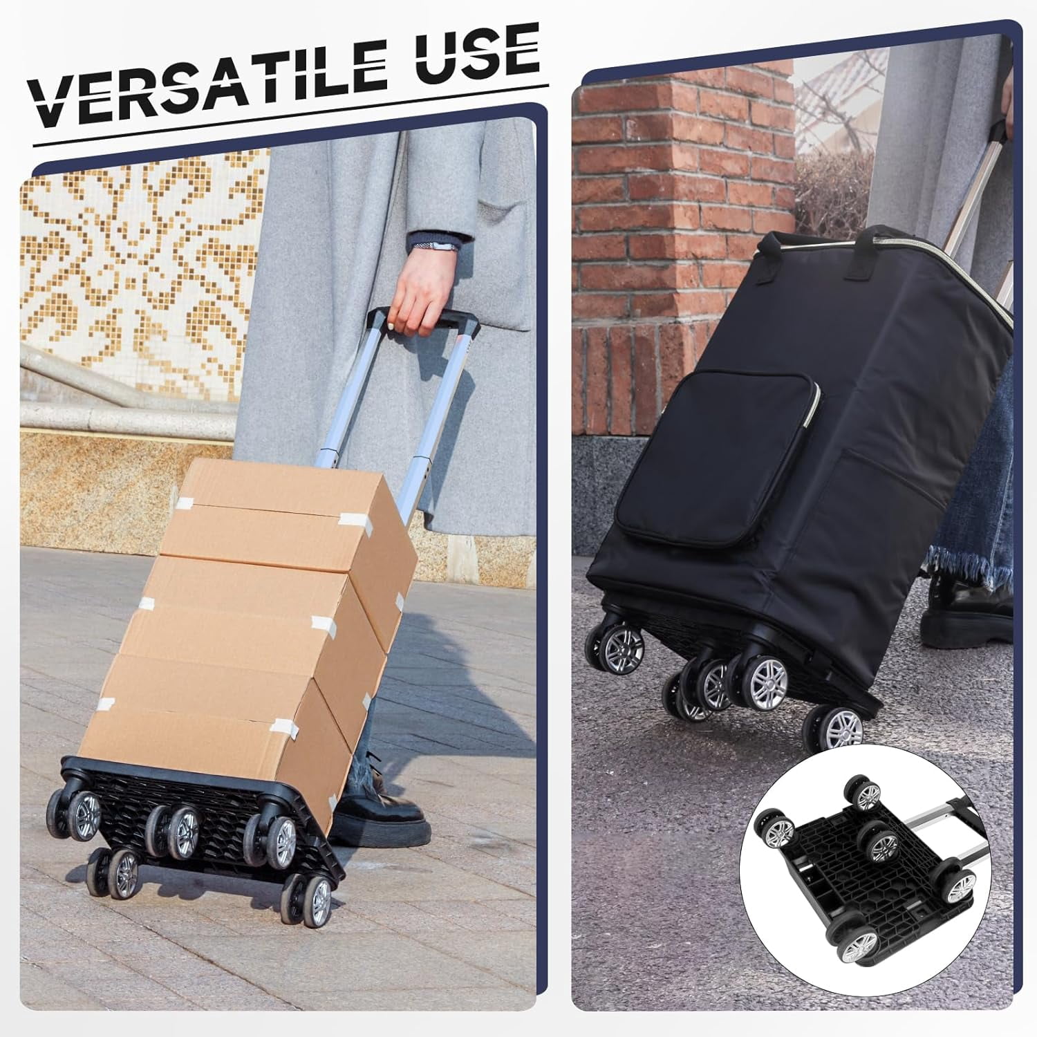 Foldable Shopping Cart with Insulated Bag: Trolley Cart on Swivel Wheels for Grocery Laundry (Black)