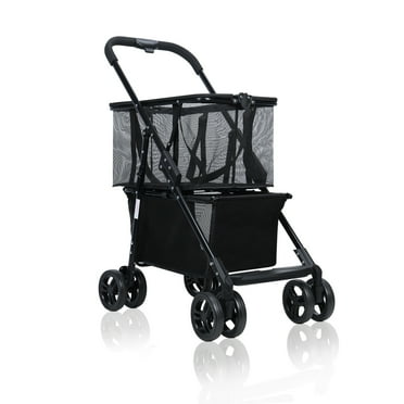 Foldable Shopping Cart with Mesh Storage, Shockproof Wheels & Dual Brakes, Personal Shopping Cart for Groceries, Pet Stroller for Small Dogs and Cats
