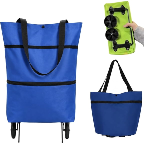 Foldable Shopping Cart with Wheels, 2-in-1 Rolling Grocery Cart, Reusable with Waterproof Design for Shopping and Travel(Blue)