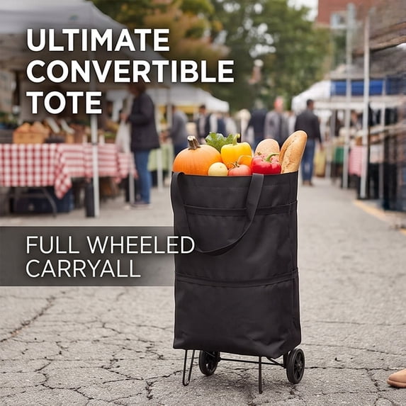 Foldable Shopping Tote Bag with Wheels, Expandable Rolling Grocery Cart with Metal Support Frame, Portable Reusable Market Bag for Supermarket Picnic Travel (Black)