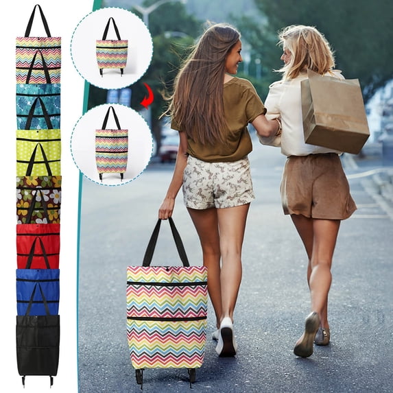 Foldable Shopping Trolley Bag, Soft Fabric Reusable Wheeled Shopping Bag with Smooth Rolling Wheels, Adjustable Capacity Zipper Design, Floral Tote for Shopping, Travel, Camping & Outdoor Activities