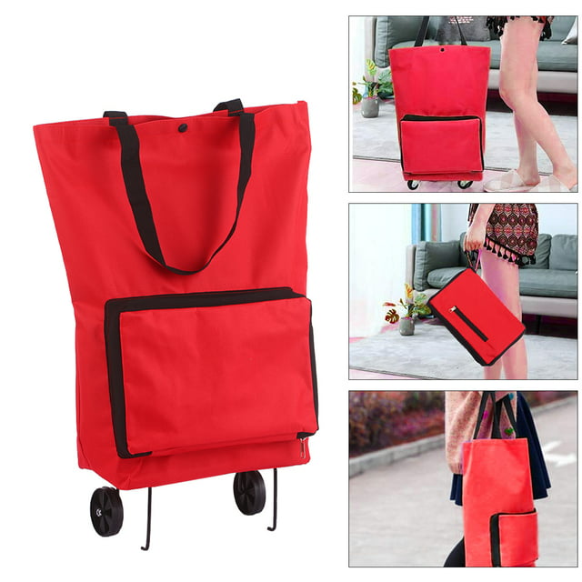 Foldable Shopping Trolley Bag with Wheels Collapsible Shopping Cart Reusable Foldable Grocery Bags Travel Bag Red