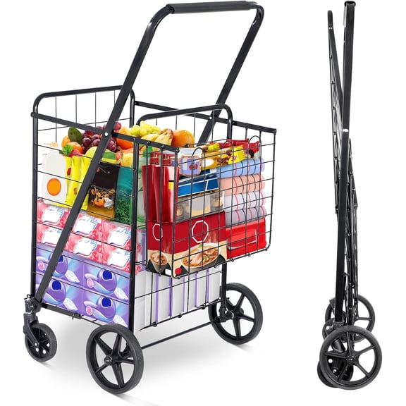 Foldable Shopping Utility Cart Compact Portable Grocery Cart w Whees Double Baskets, Wagons Carts Foldablefor Laundry Shopping Pantry Garage, Up to 97LB